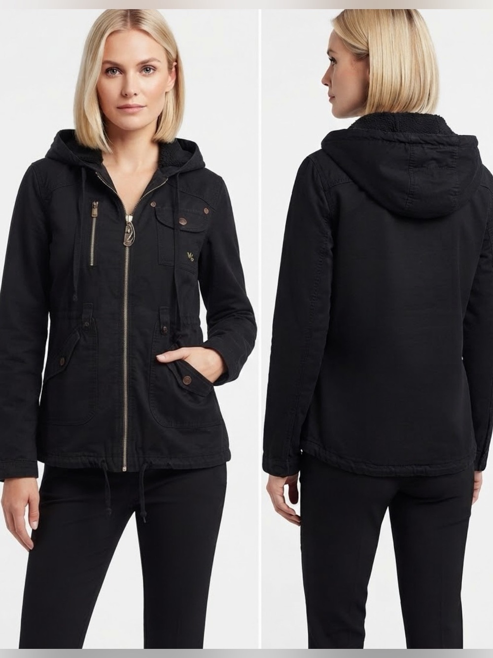NWT‎ JEAN JACKET SHERPA LINED HOOD ZIPPED LINED DENIM COAT IN BLACK